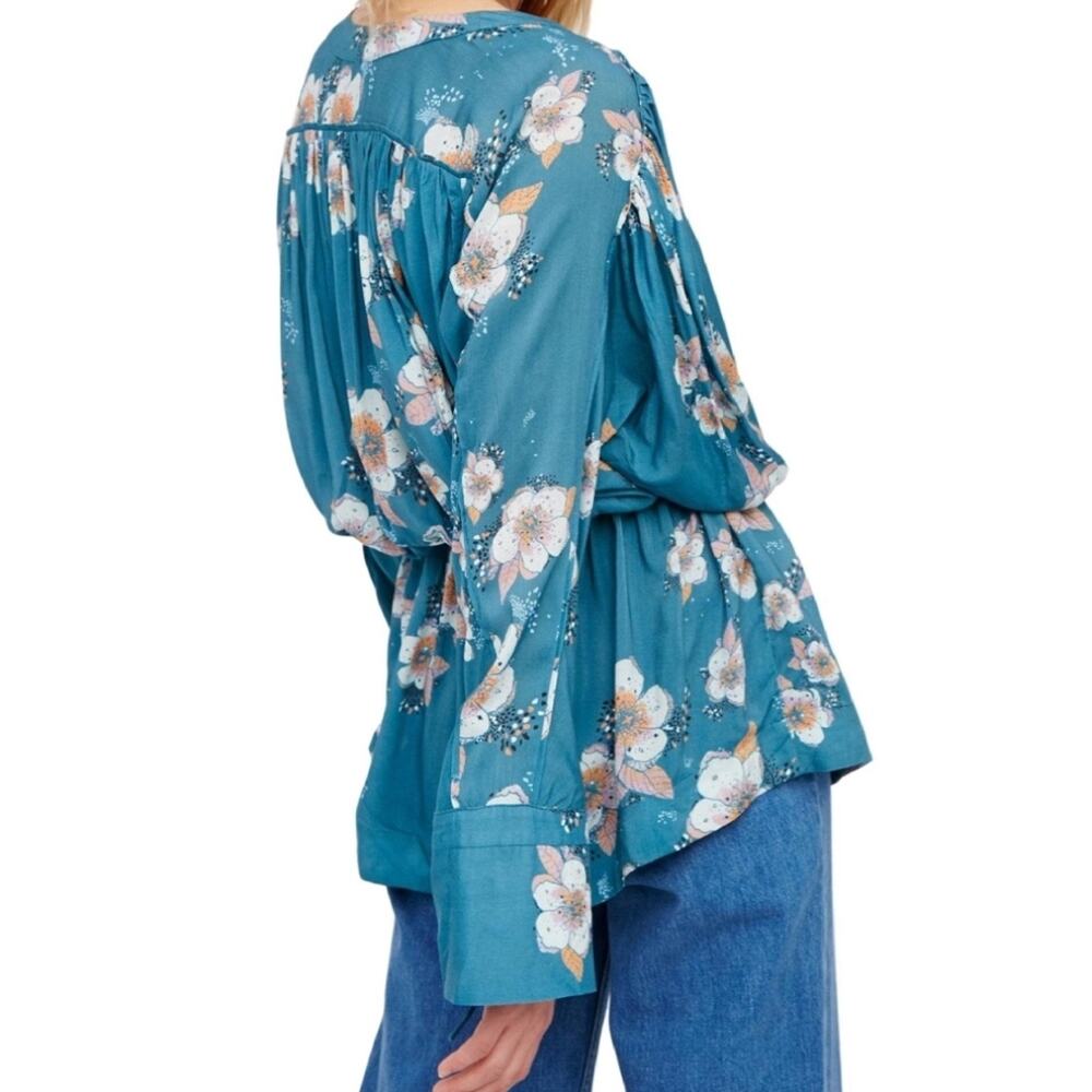Free People Tuscan Dreams Blue Floral Tunic Mini Dress Small Bell Sleeve V-Neck - Picture 12 of 12